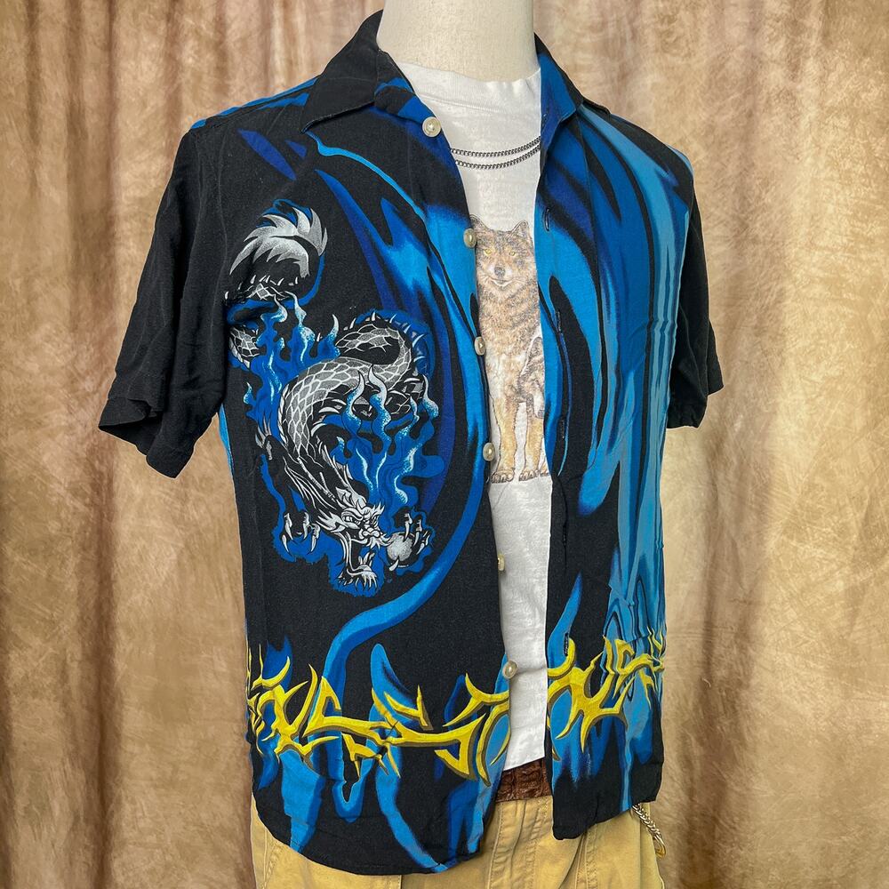 Vintage Y2K Dragon Shirt Blue Flame Button Up Skater Streetwear Indie 2000s